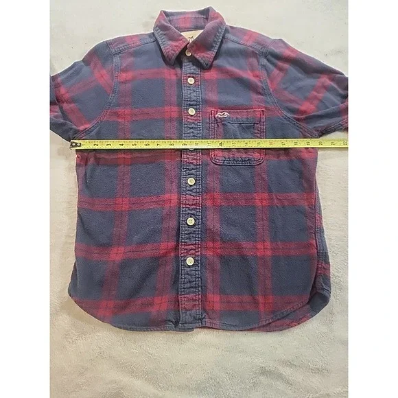 Hollister Mens Flannel Button Shirt Size L Large Red Blue‎ Plaid Long Sleeve - Picture 5 of 7